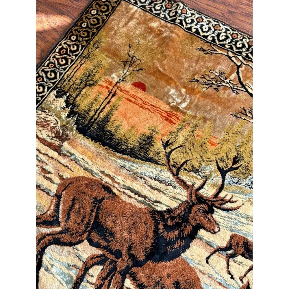 Vtg Velvet Deer Tapestry Wall Hanging Rug Buck Doe Winter Forest Scene 70 x 47" - Picture 3 of 16